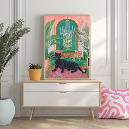 Panther and Leopard Wall Art – Jungle Glam Bedroom Decor – Pink and Green Maximalist Print – Bold Safari Animal Art – Tropical Cat Print