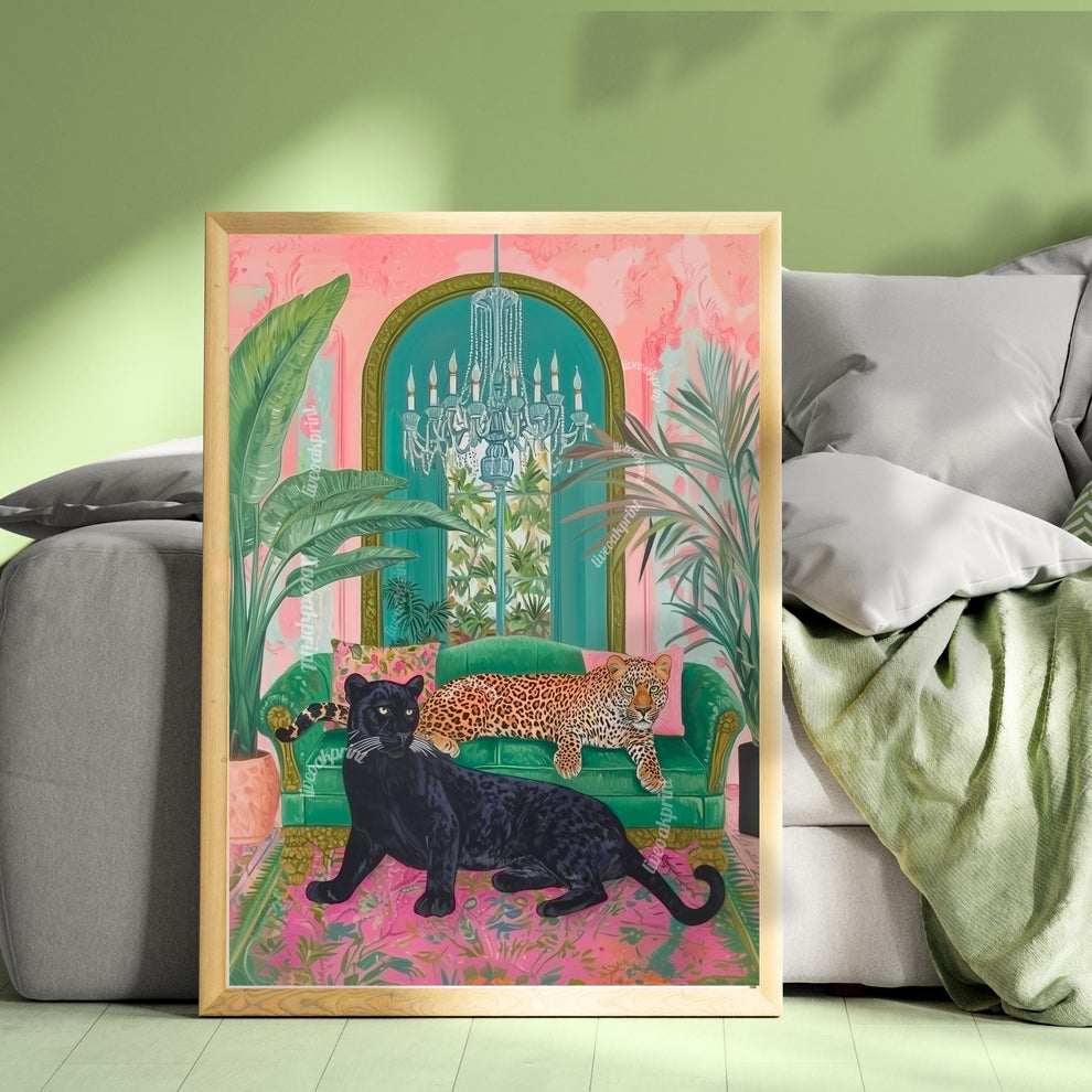 Panther and Leopard Wall Art – Jungle Glam Bedroom Decor – Pink and Green Maximalist Print – Bold Safari Animal Art – Tropical Cat Print