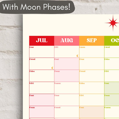 Vertical Wall Planner – Retro Brights Mid Year Calendar 2025–2026 – July Start Academic Year – Colorful Dorm & Classroom Wall Art