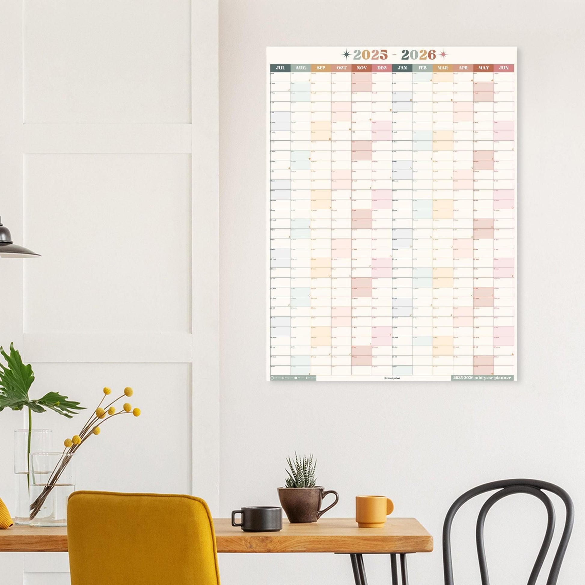 Vertical Wall Planner – Boho Earth Tones Mid Year Calendar 2025–2026 – July Start Academic Planner – Minimalist Dorm & Office Decor