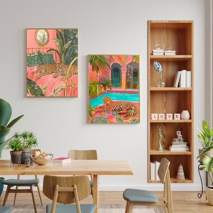 Tropical Leopard Pool Art – Pink Jungle Wall Decor – Vibrant Safari Print – Boho Maximalist Patio Art – Exotic Animal Art for Summer Home