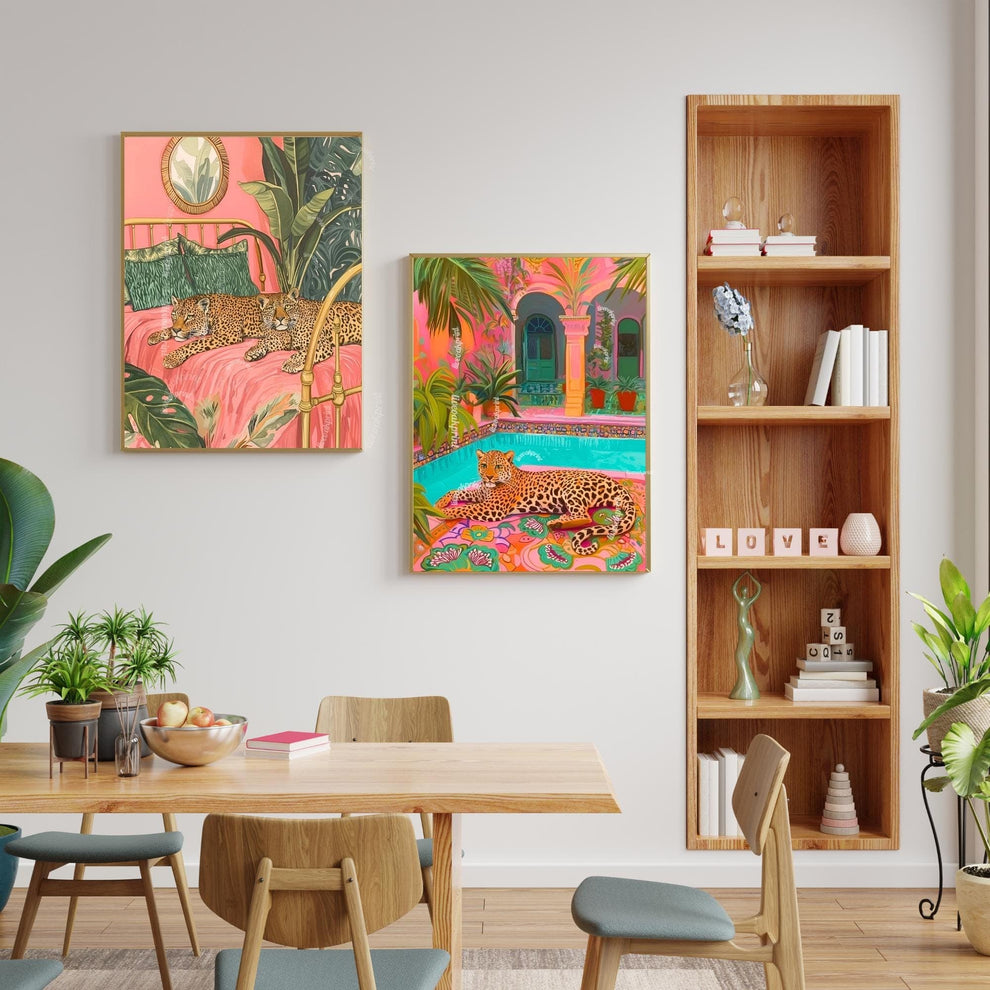 Tropical Leopard Pool Art – Pink Jungle Wall Decor – Vibrant Safari Print – Boho Maximalist Patio Art – Exotic Animal Art for Summer Home