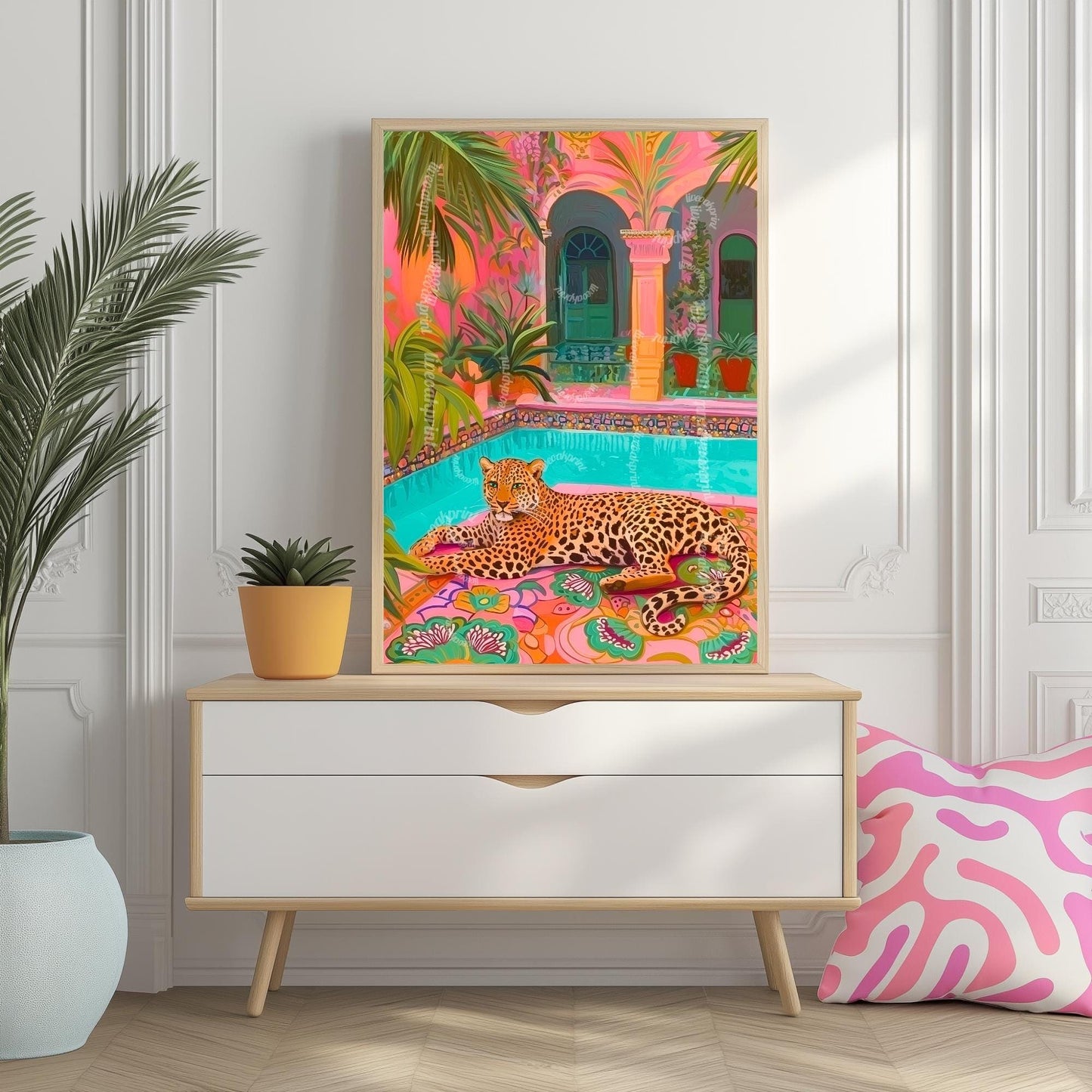 Tropical Leopard Pool Art – Pink Jungle Wall Decor – Vibrant Safari Print – Boho Maximalist Patio Art – Exotic Animal Art for Summer Home