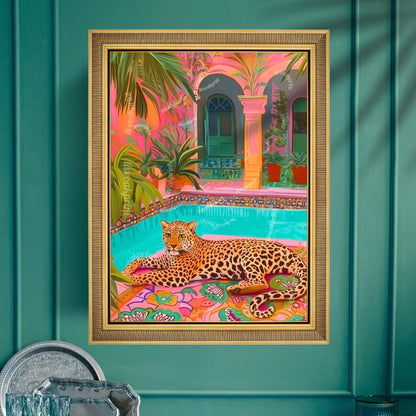 Tropical Leopard Pool Art – Pink Jungle Wall Decor – Vibrant Safari Print – Boho Maximalist Patio Art – Exotic Animal Art for Summer Home