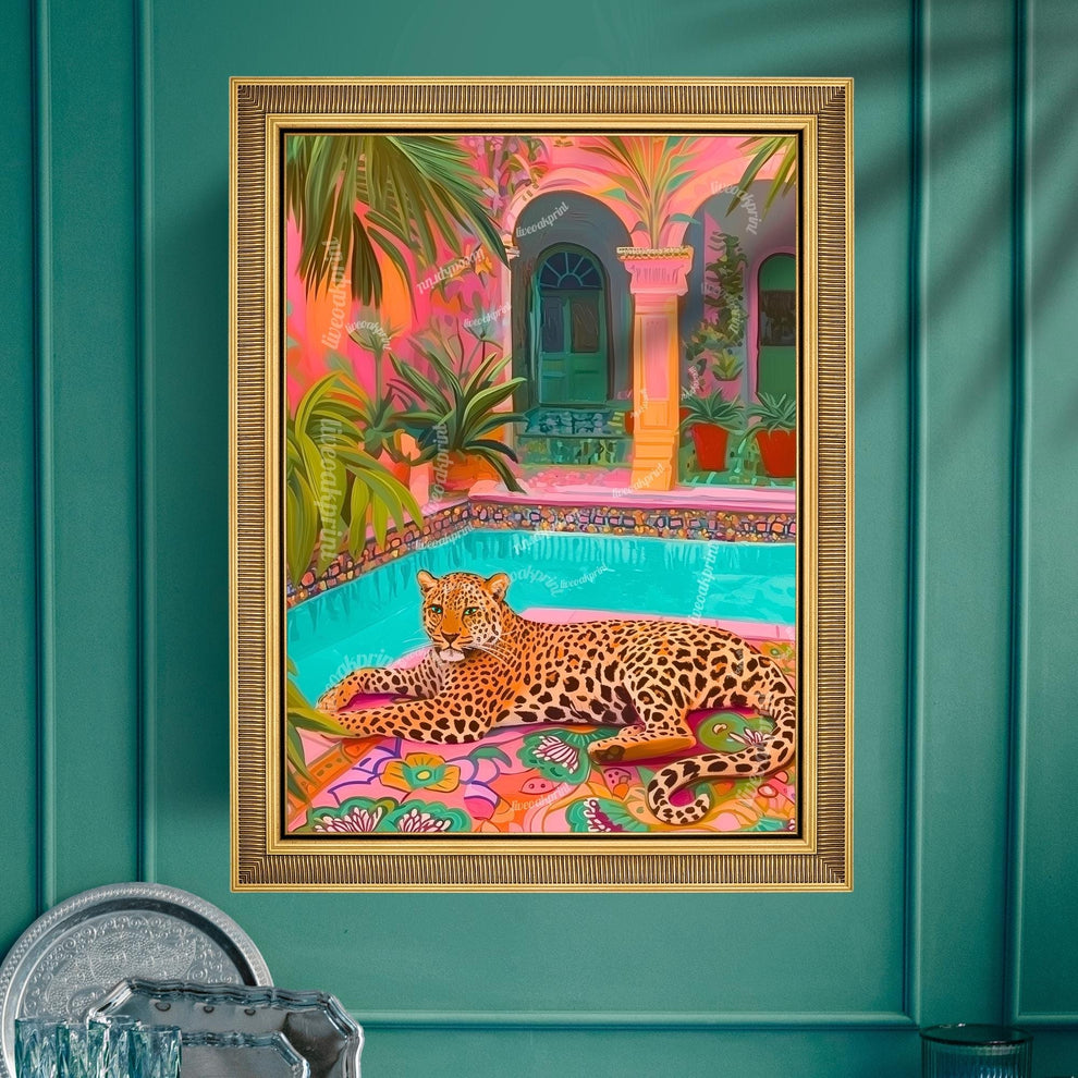 Tropical Leopard Pool Art – Pink Jungle Wall Decor – Vibrant Safari Print – Boho Maximalist Patio Art – Exotic Animal Art for Summer Home