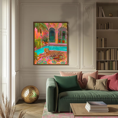 Tropical Leopard Pool Art – Pink Jungle Wall Decor – Vibrant Safari Print – Boho Maximalist Patio Art – Exotic Animal Art for Summer Home