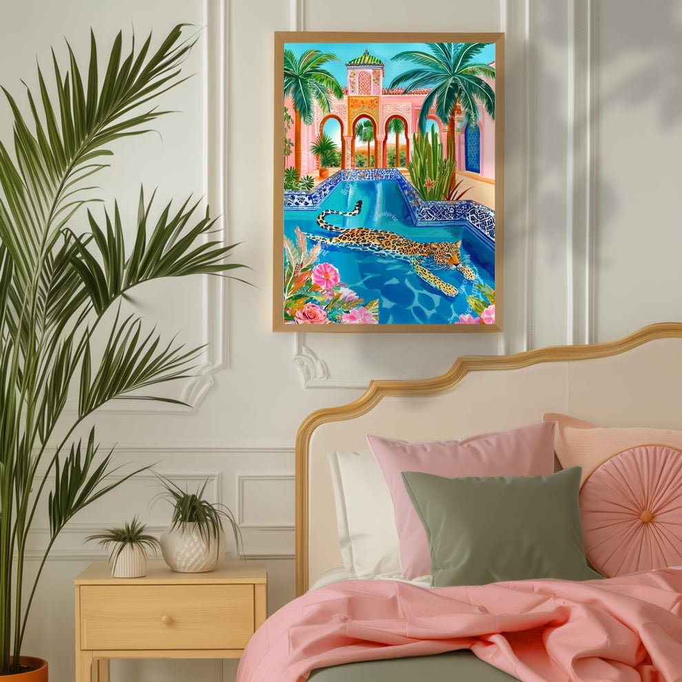 Leopard Wall Art – Colorful Jungle Animal Print – Tropical Pool Decor – Moroccan Architecture Art – Exotic Cat Wall Art – Boho Maximalist