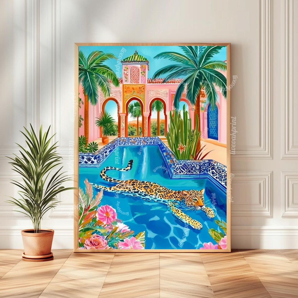 Leopard Wall Art – Colorful Jungle Animal Print – Tropical Pool Decor – Moroccan Architecture Art – Exotic Cat Wall Art – Boho Maximalist