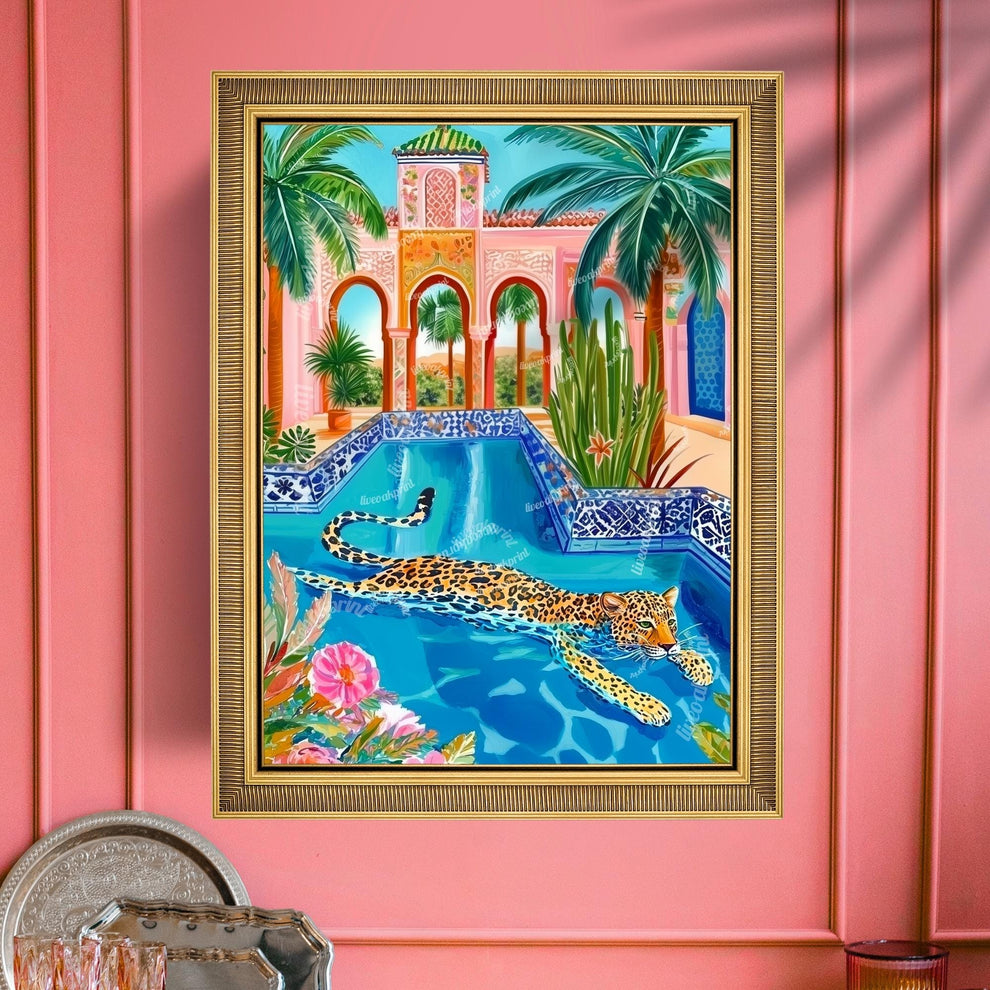 Leopard Wall Art – Colorful Jungle Animal Print – Tropical Pool Decor – Moroccan Architecture Art – Exotic Cat Wall Art – Boho Maximalist