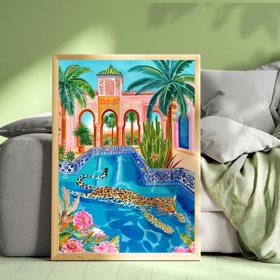 Leopard Wall Art – Colorful Jungle Animal Print – Tropical Pool Decor – Moroccan Architecture Art – Exotic Cat Wall Art – Boho Maximalist