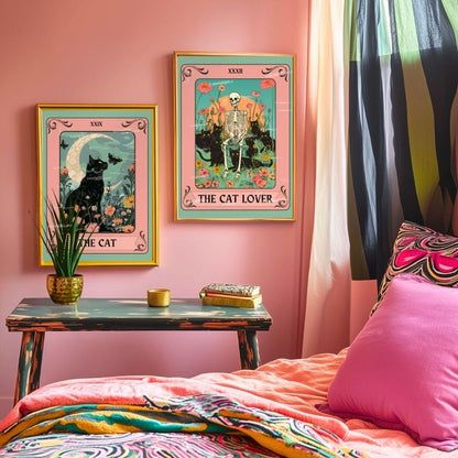 Black Cat Wall Art Set of 2 – Cat Lover Gift – Witchy Cat Decor – Botanical Cat Art – Cozy Bedroom Cat Print Set – Mystical Cat Wall Decor