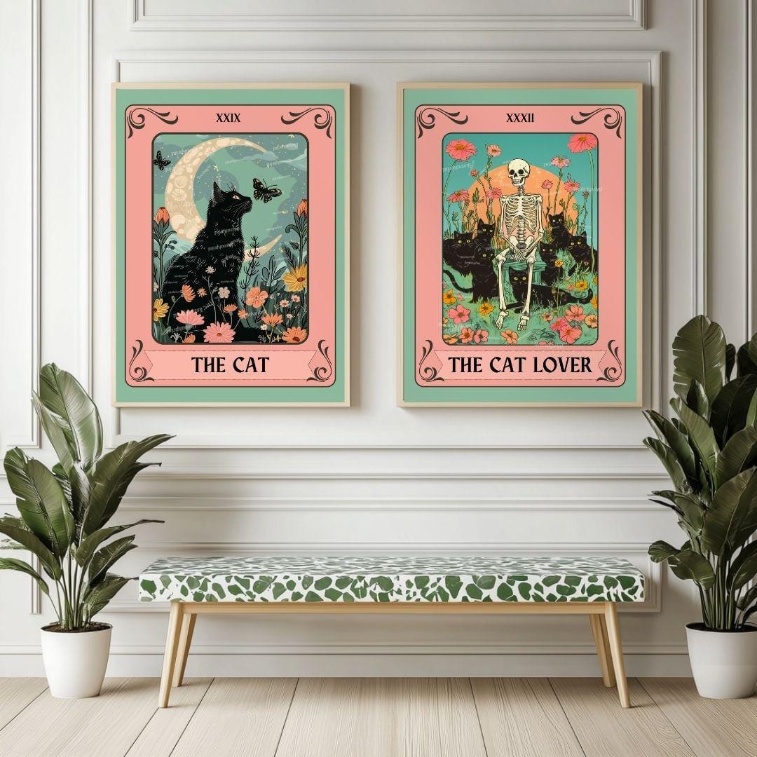 Black Cat Wall Art Set of 2 – Cat Lover Gift – Witchy Cat Decor – Botanical Cat Art – Cozy Bedroom Cat Print Set – Mystical Cat Wall Decor