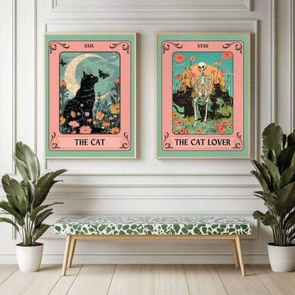Black Cat Wall Art Set of 2 – Cat Lover Gift – Witchy Cat Decor – Botanical Cat Art – Cozy Bedroom Cat Print Set – Mystical Cat Wall Decor