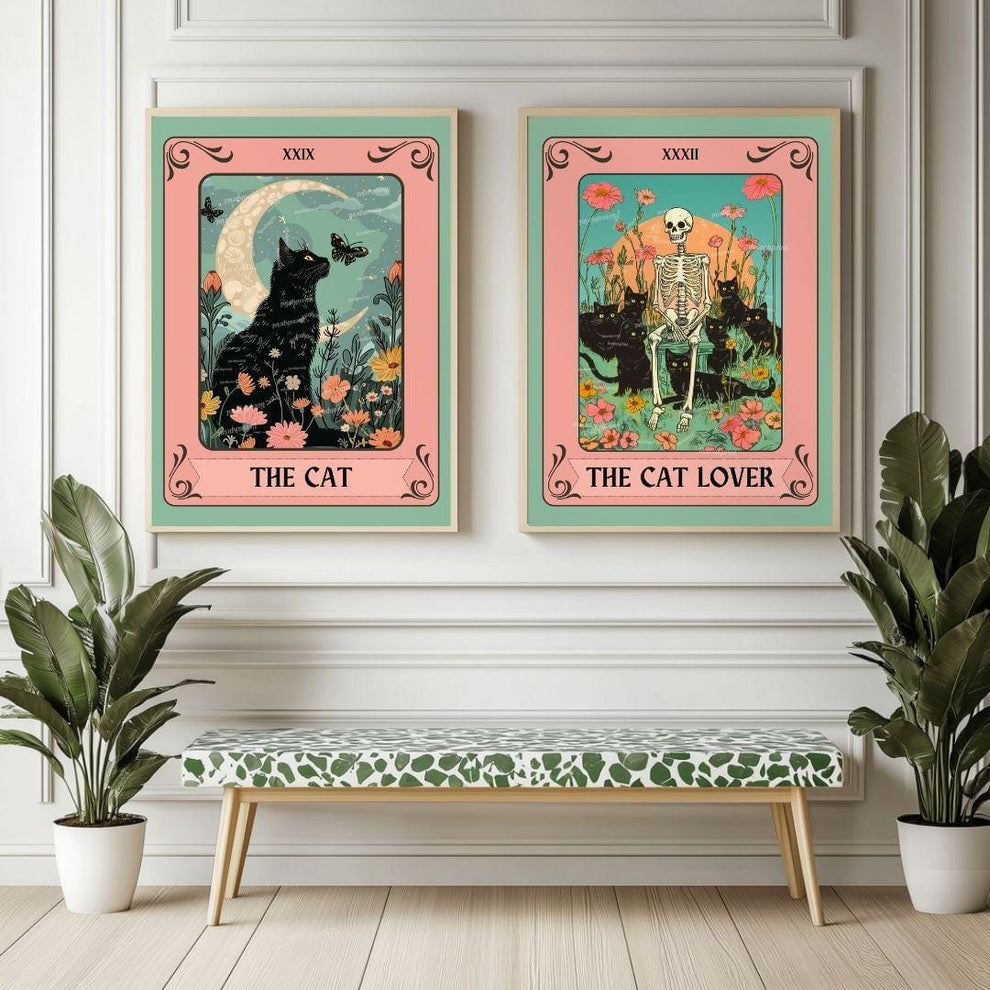 Black Cat Wall Art Set of 2 – Cat Lover Gift – Witchy Cat Decor – Botanical Cat Art – Cozy Bedroom Cat Print Set – Mystical Cat Wall Decor