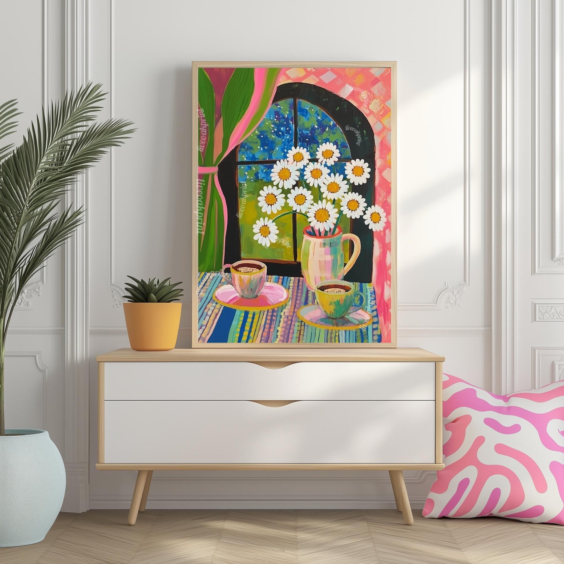 Chamomile Tea at Night Art Print – Moody Matisse-Inspired Tea Poster – Funky Kitchen or Bedroom Wall Art – Cozy Nighttime Tea Aesthetic