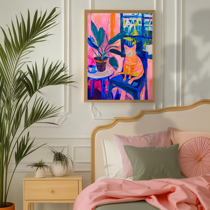 Colorful Cat in Chair Art Print – Funky Matisse-Inspired Cat Wall Art – Bold Still Life Painting – Maximalist Animal Poster Aesthetic Decor