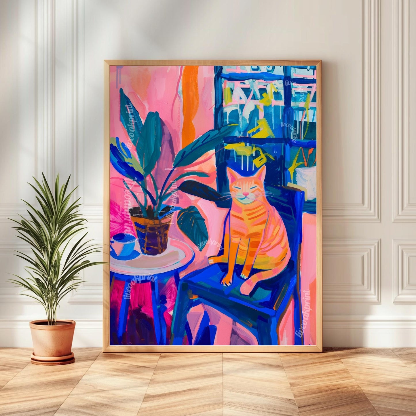 Colorful Cat in Chair Art Print – Funky Matisse-Inspired Cat Wall Art – Bold Still Life Painting – Maximalist Animal Poster Aesthetic Decor