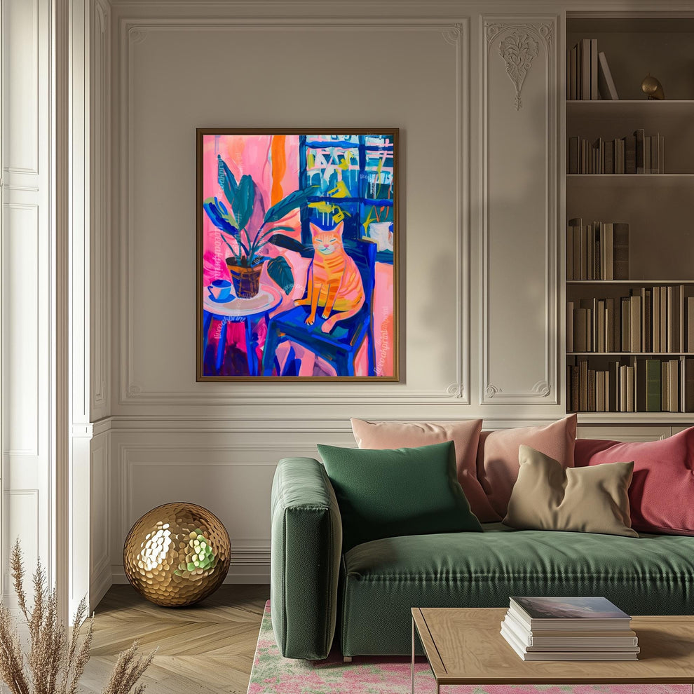 Colorful Cat in Chair Art Print – Funky Matisse-Inspired Cat Wall Art – Bold Still Life Painting – Maximalist Animal Poster Aesthetic Decor