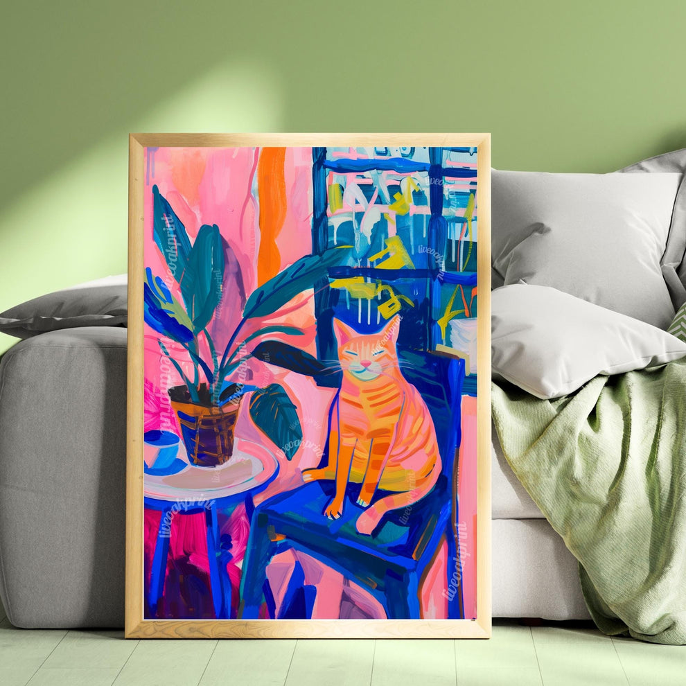 Colorful Cat in Chair Art Print – Funky Matisse-Inspired Cat Wall Art – Bold Still Life Painting – Maximalist Animal Poster Aesthetic Decor