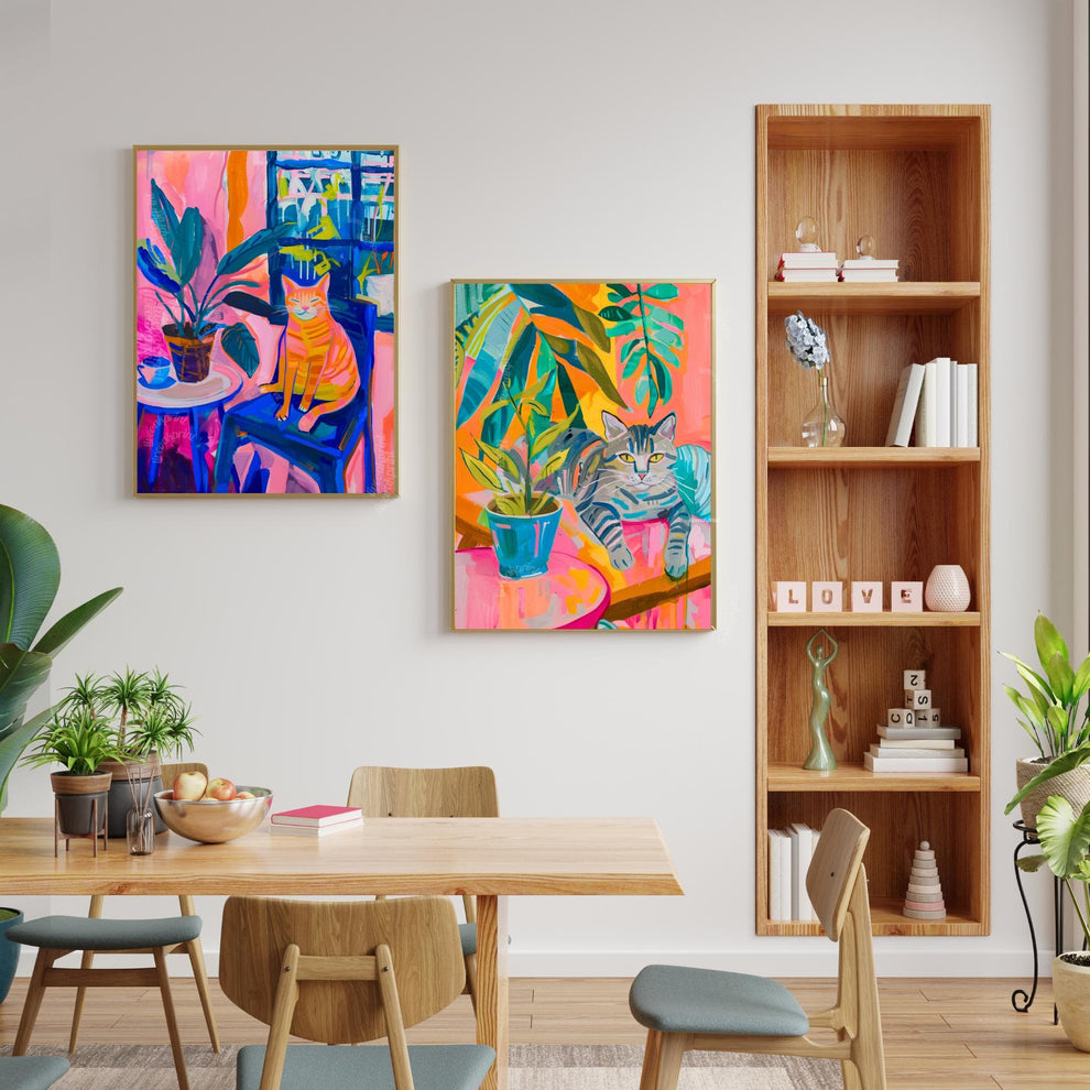 Tropical Cat Art Print – Funky Tabby Cat Wall Art – Bold Colorful Jungle Decor – Maximalist Cat and Plant Poster – Aesthetic Home Print