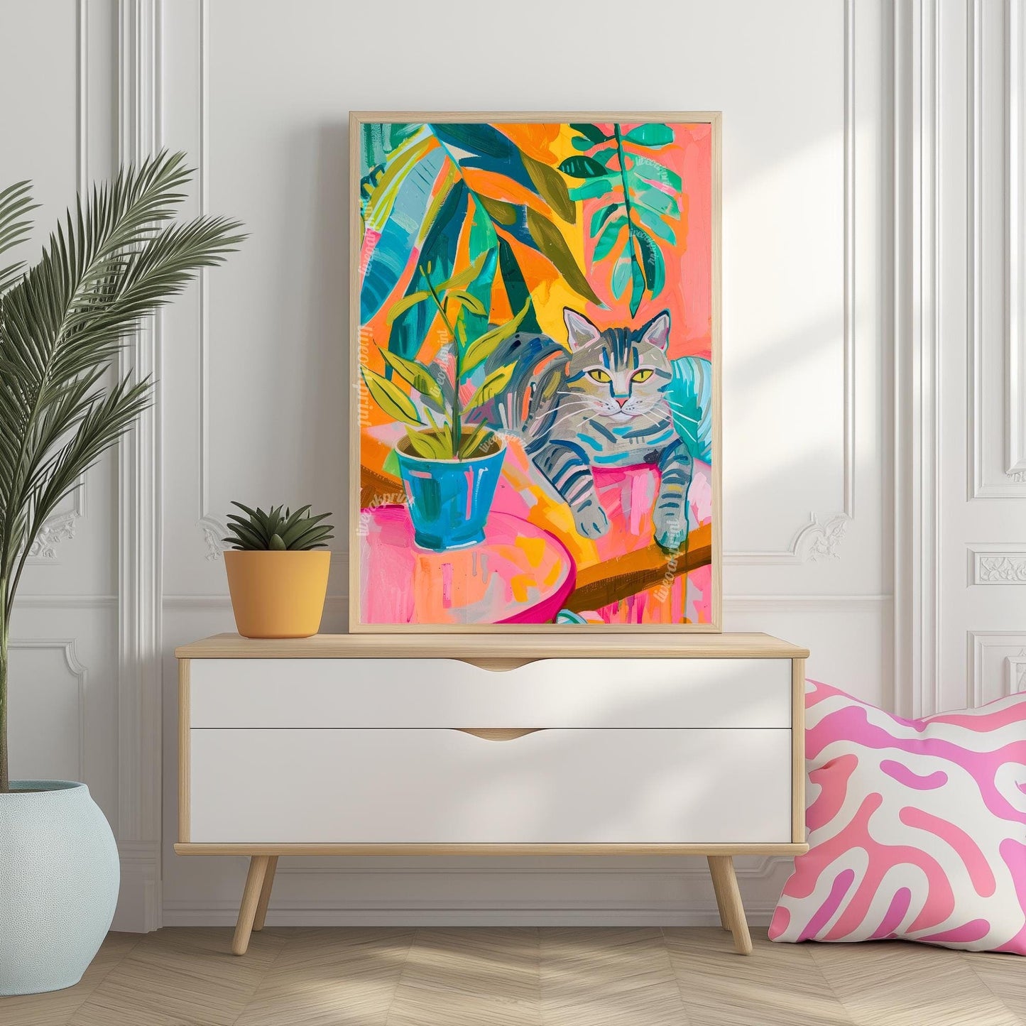 Tropical Cat Art Print – Funky Tabby Cat Wall Art – Bold Colorful Jungle Decor – Maximalist Cat and Plant Poster – Aesthetic Home Print