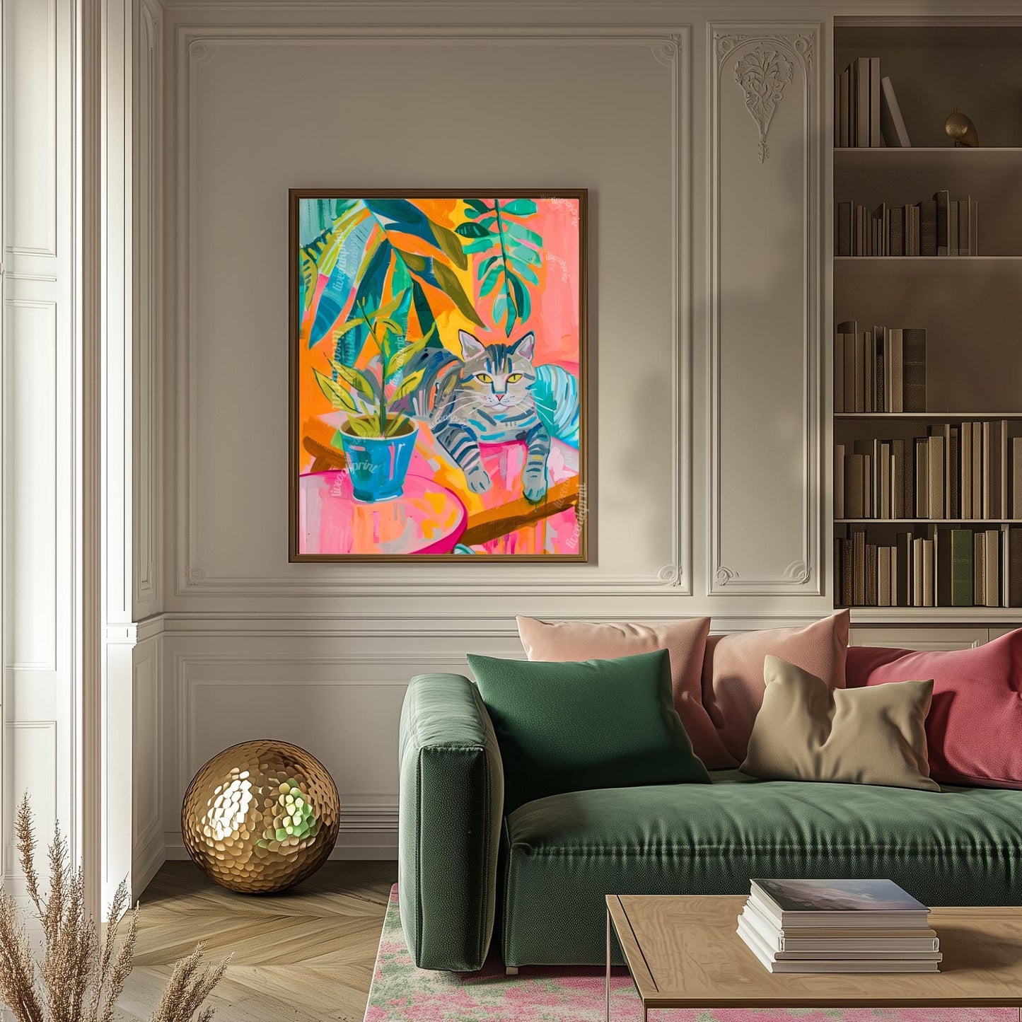 Tropical Cat Art Print – Funky Tabby Cat Wall Art – Bold Colorful Jungle Decor – Maximalist Cat and Plant Poster – Aesthetic Home Print