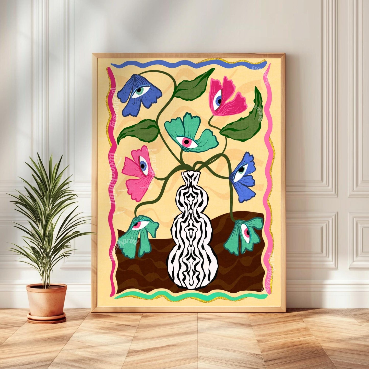 Surreal Eye Flower Print – Funky Dopamine Decor – Matisse-Inspired Bold Wall Art – Trippy Floral Poster – Aesthetic Art Print