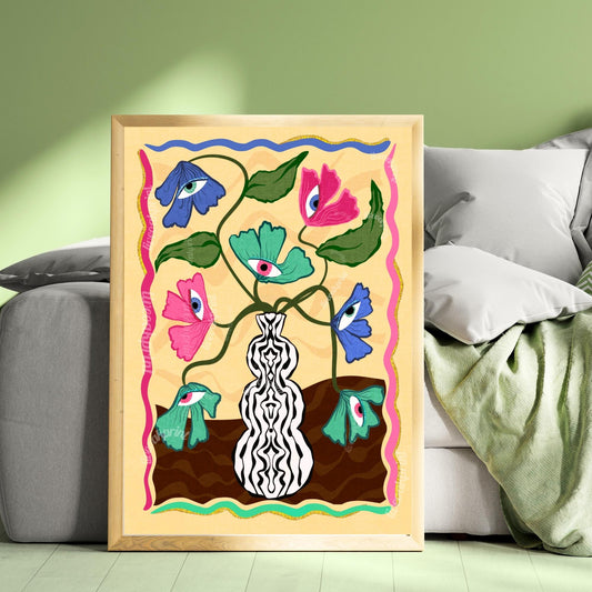 Surreal Eye Flower Print – Funky Dopamine Decor – Matisse-Inspired Bold Wall Art – Trippy Floral Poster – Aesthetic Art Print