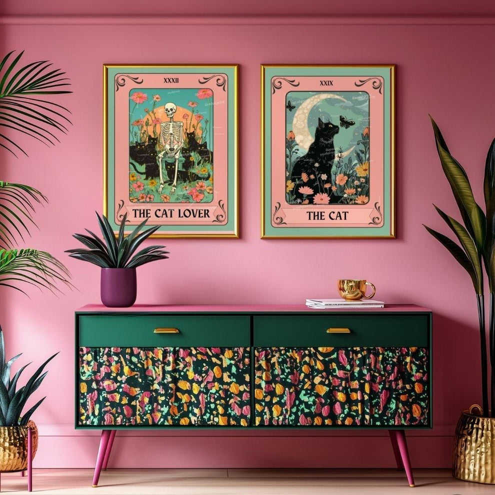 Black Cat Wall Art Set of 2 – Cat Lover Gift – Witchy Cat Decor – Botanical Cat Art – Cozy Bedroom Cat Print Set – Mystical Cat Wall Decor