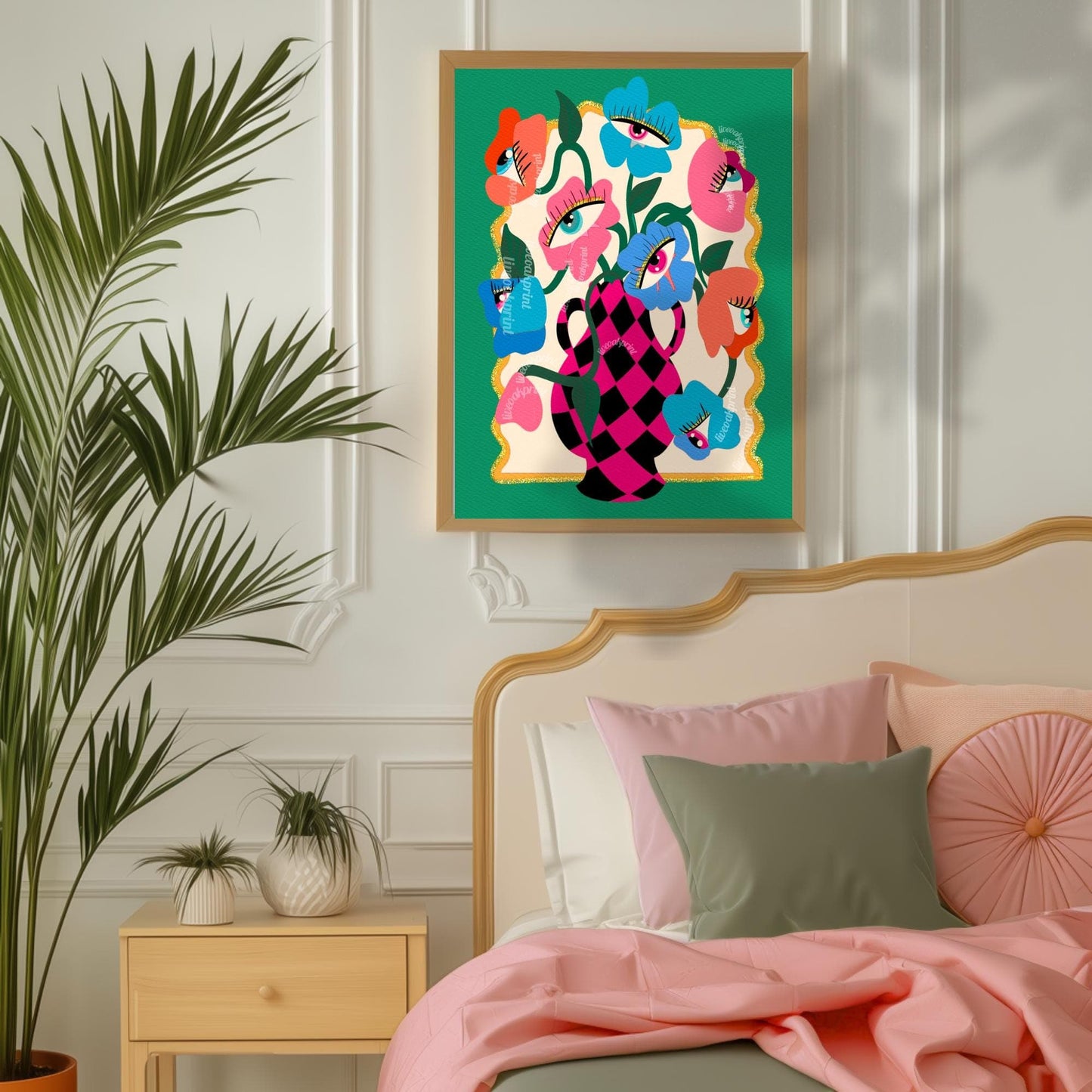 Funky Wall Art – Maximalist Wall Decor Print – Trippy Art for Living Room Colorful Boho Decor – Eye Flower Poster – Dopamine Wall Art