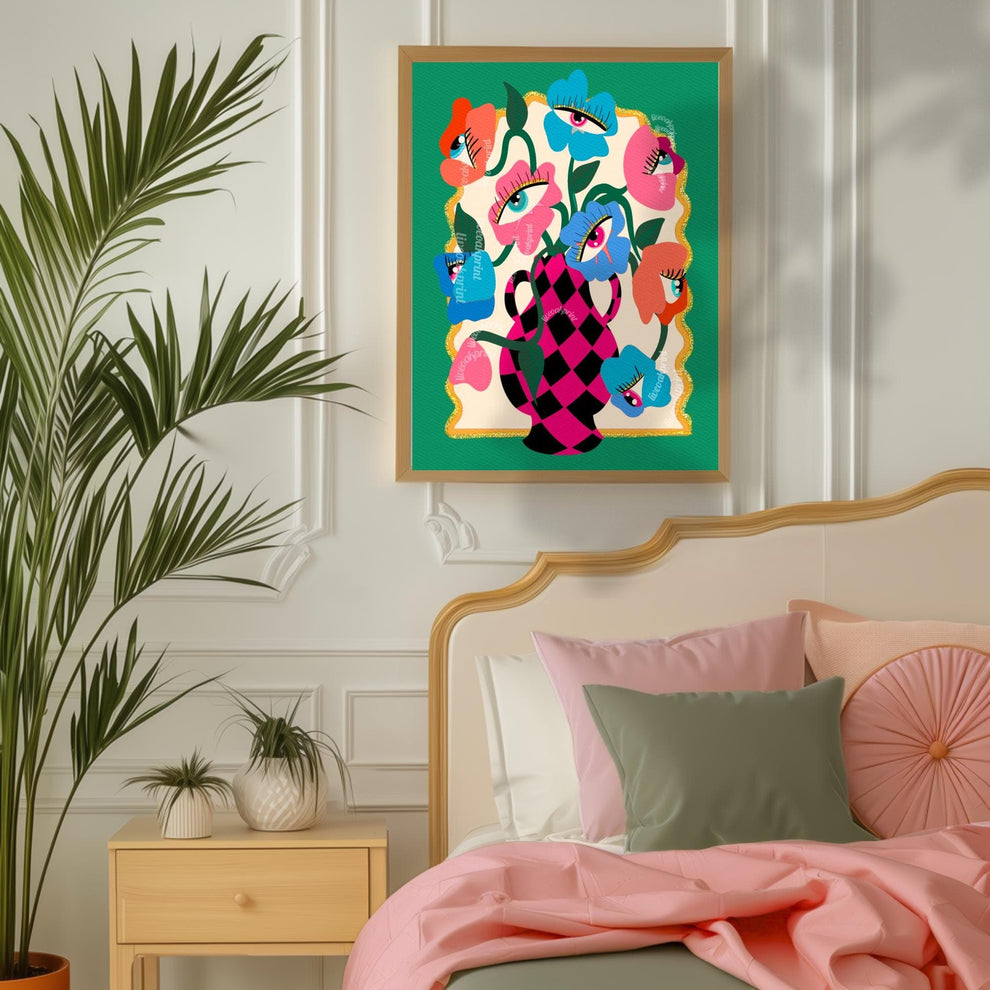 Funky Wall Art – Maximalist Wall Decor Print – Trippy Art for Living Room Colorful Boho Decor – Eye Flower Poster – Dopamine Wall Art