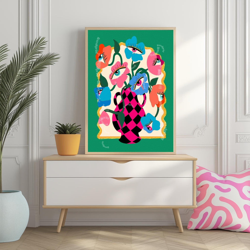 Funky Wall Art – Maximalist Wall Decor Print – Trippy Art for Living Room Colorful Boho Decor – Eye Flower Poster – Dopamine Wall Art
