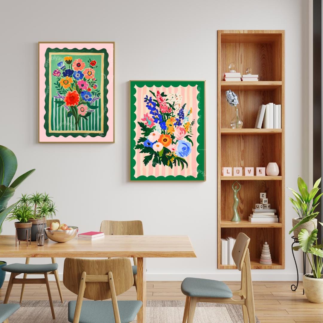 Pink and Green Floral Wall Art - Set of Two Art Prints