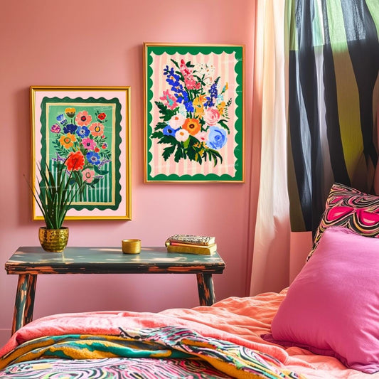 Pink and Green Floral Wall Art - Set of Two Art Prints