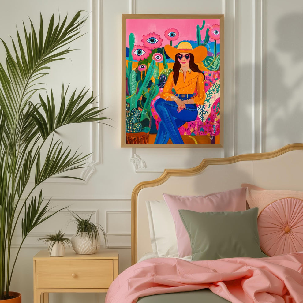 Surreal Cowgirl Art Print – Western Wall Art – Pink Desert Decor – Funky Feminine Cowboy Poster – Bold Cactus Eye Print – Dopamine Decor