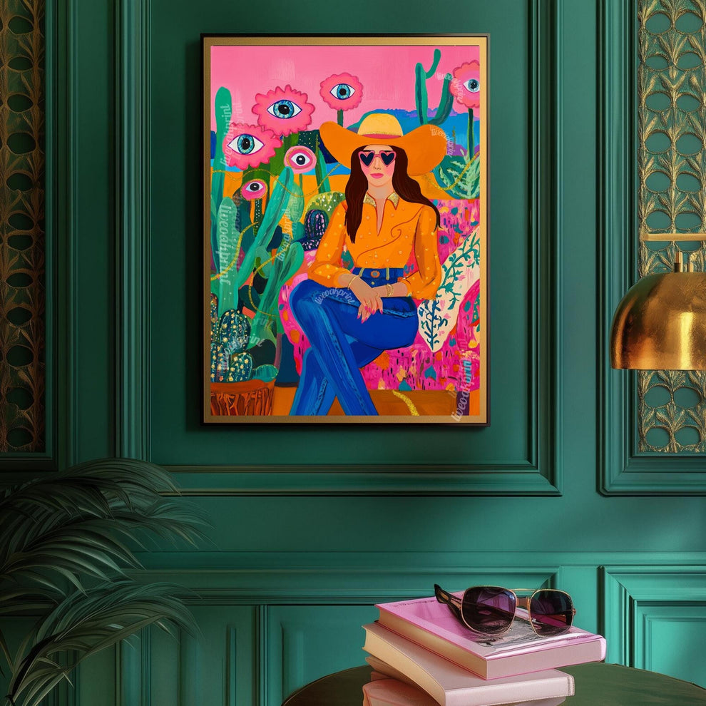 Surreal Cowgirl Art Print – Western Wall Art – Pink Desert Decor – Funky Feminine Cowboy Poster – Bold Cactus Eye Print – Dopamine Decor