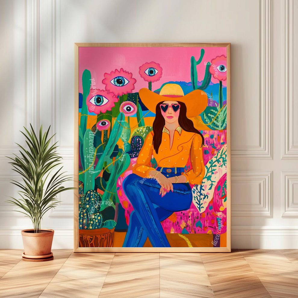 Surreal Cowgirl Art Print – Western Wall Art – Pink Desert Decor – Funky Feminine Cowboy Poster – Bold Cactus Eye Print – Dopamine Decor
