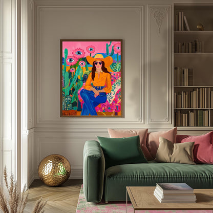 Surreal Cowgirl Art Print – Western Wall Art – Pink Desert Decor – Funky Feminine Cowboy Poster – Bold Cactus Eye Print – Dopamine Decor