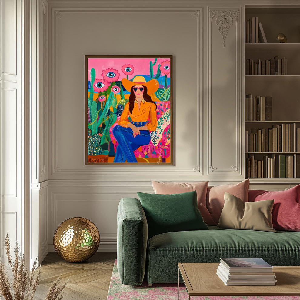 Surreal Cowgirl Art Print – Western Wall Art – Pink Desert Decor – Funky Feminine Cowboy Poster – Bold Cactus Eye Print – Dopamine Decor