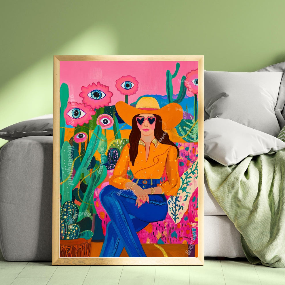 Surreal Cowgirl Art Print – Western Wall Art – Pink Desert Decor – Funky Feminine Cowboy Poster – Bold Cactus Eye Print – Dopamine Decor