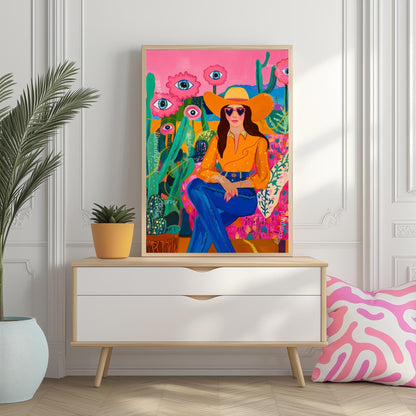 Surreal Cowgirl Art Print – Western Wall Art – Pink Desert Decor – Funky Feminine Cowboy Poster – Bold Cactus Eye Print – Dopamine Decor