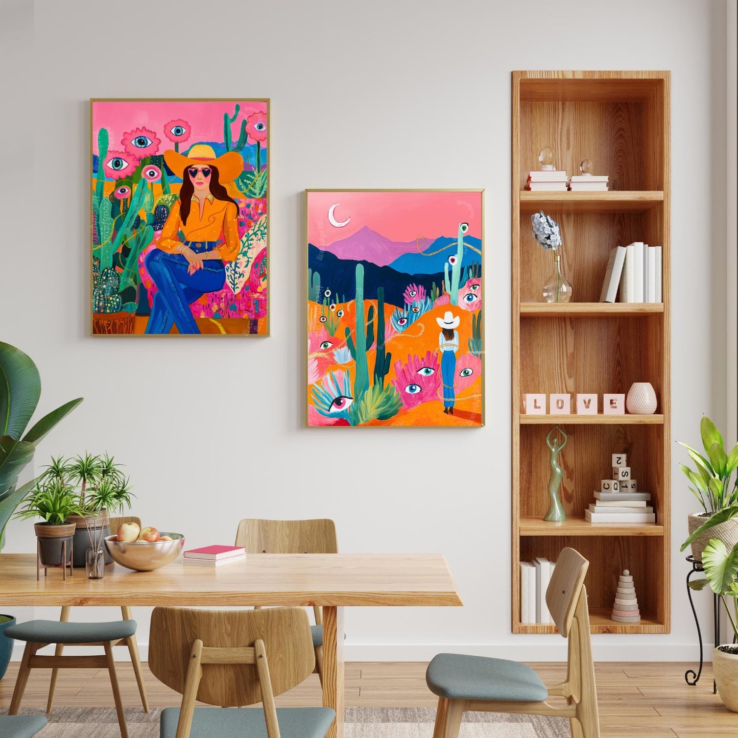 Surreal Desert Cowgirl Art Print – Western Wall Art – Funky Eye Art Print – Feminine Cowboy Decor – Moon Landscape Print