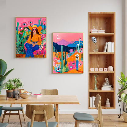 Surreal Desert Cowgirl Art Print – Western Wall Art – Funky Eye Art Print – Feminine Cowboy Decor – Moon Landscape Print