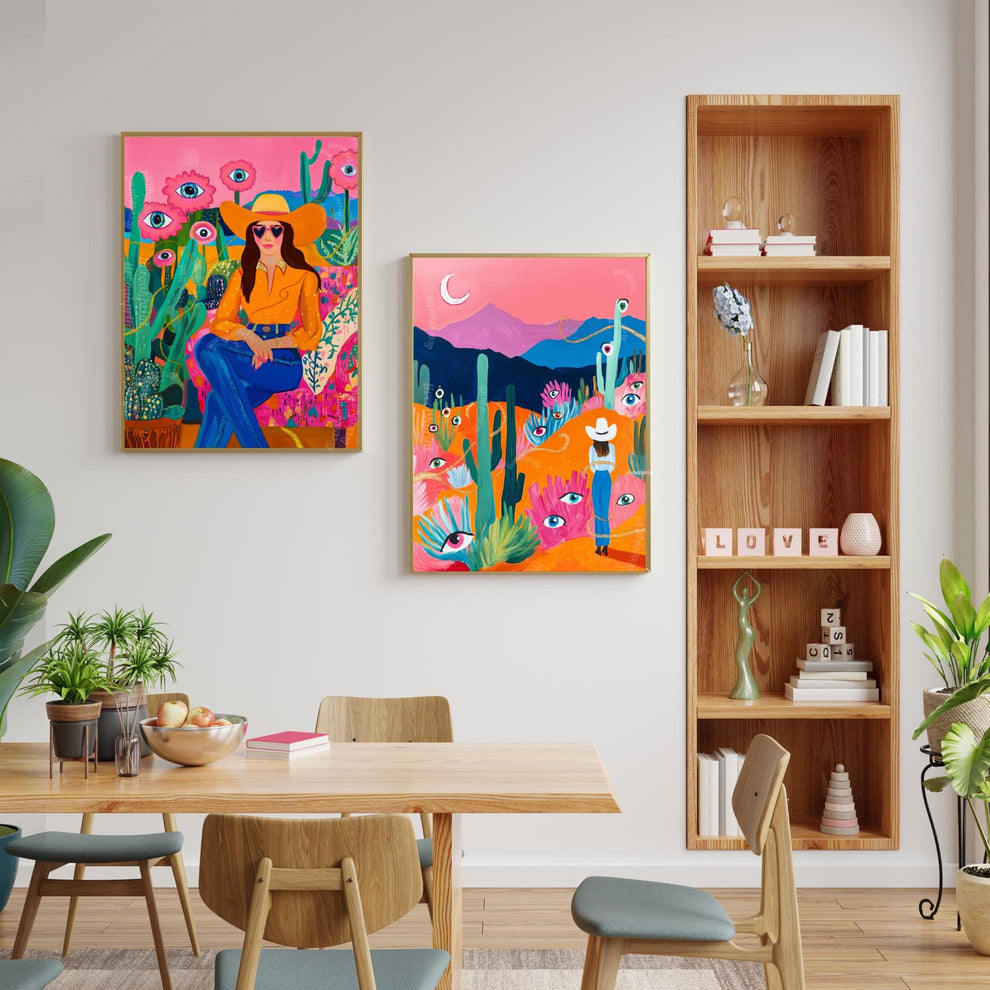 Surreal Desert Cowgirl Art Print – Western Wall Art – Funky Eye Art Print – Feminine Cowboy Decor – Moon Landscape Print