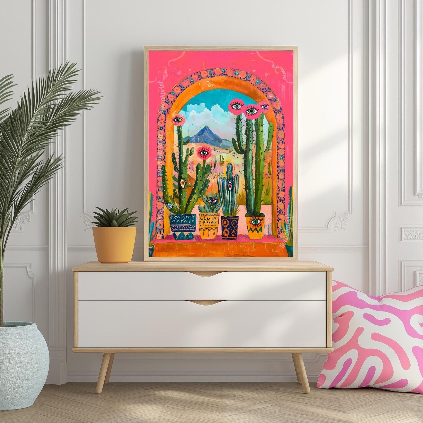 Surreal Cactus Art Print – Western Wall Art – Funky Eye Art Print – Pink Desert Decor – Maximalist Plant Poster Living Room Dopamine Decor