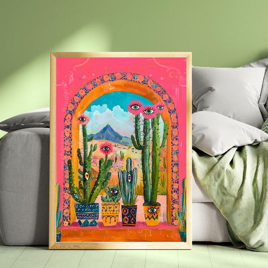 Surreal Cactus Art Print – Western Wall Art – Funky Eye Art Print – Pink Desert Decor – Maximalist Plant Poster Living Room Dopamine Decor