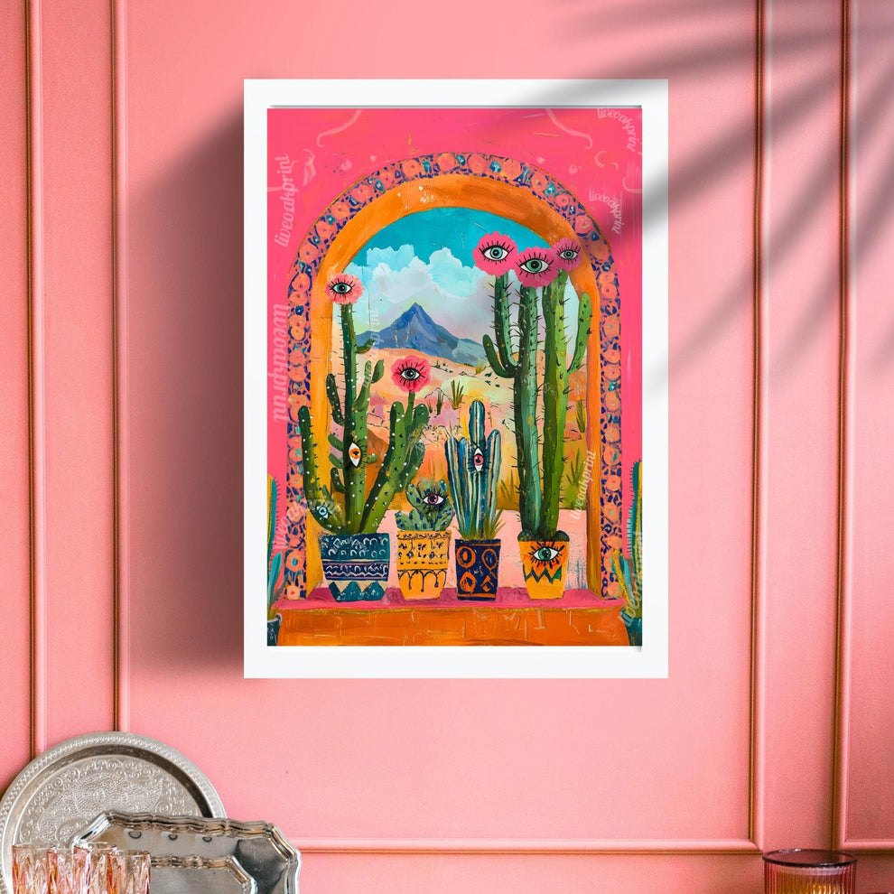 Surreal Cactus Art Print – Western Wall Art – Funky Eye Art Print – Pink Desert Decor – Maximalist Plant Poster Living Room Dopamine Decor