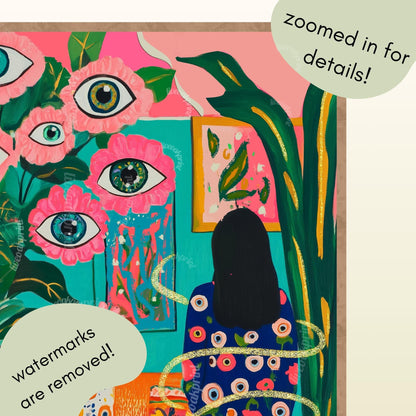 Woman in Surreal Living Room Art Print – Maximalist Boho Wall Decor