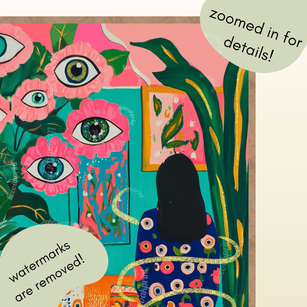 Woman in Surreal Living Room Art Print – Maximalist Boho Wall Decor