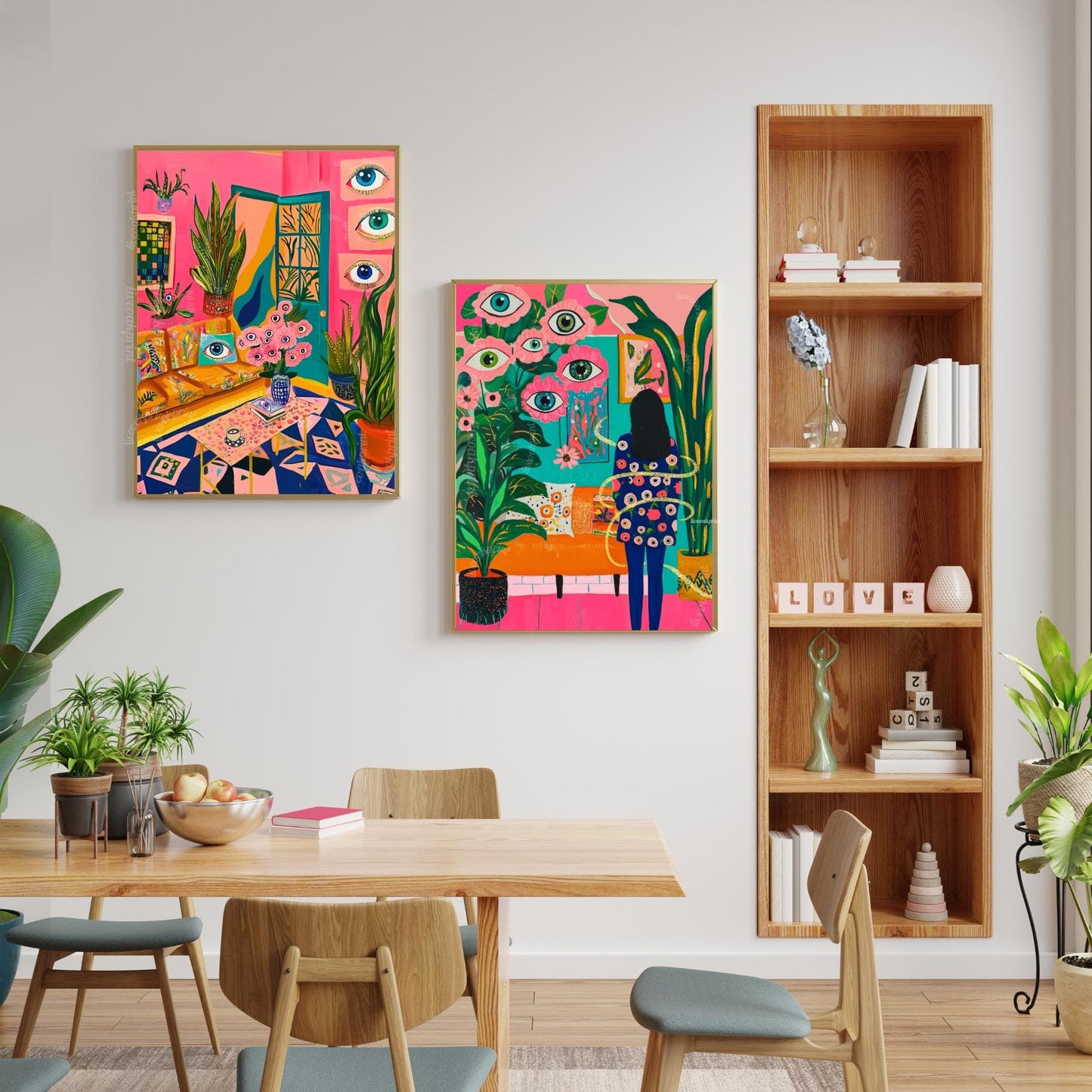 Woman in Surreal Living Room Art Print – Maximalist Boho Wall Decor